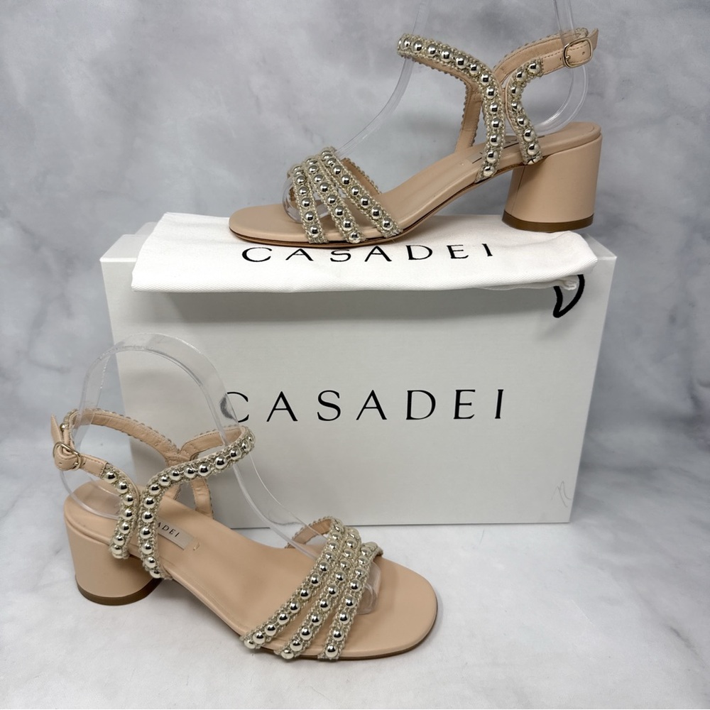NEW Casadei Studsway Pearl Studded Strappy Open Toe Kitten Block Heel Sandals 36